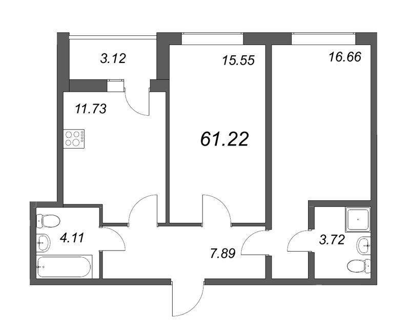 2-комнатная квартира, 60.4 м² в ЖК "Аквилон Zalive" - планировка, фото №1