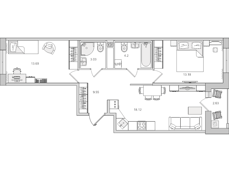 3-комнатная (Евро) квартира, 61.77 м² в ЖК "Город Первых" - планировка, фото №1