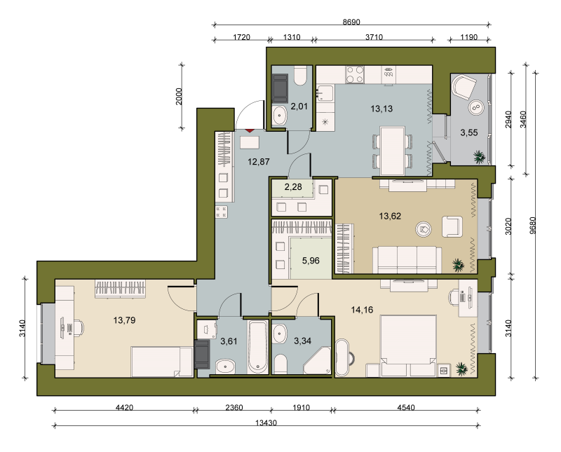 3-комнатная квартира, 87.26 м² в ЖК "Уютный" - планировка, фото №1