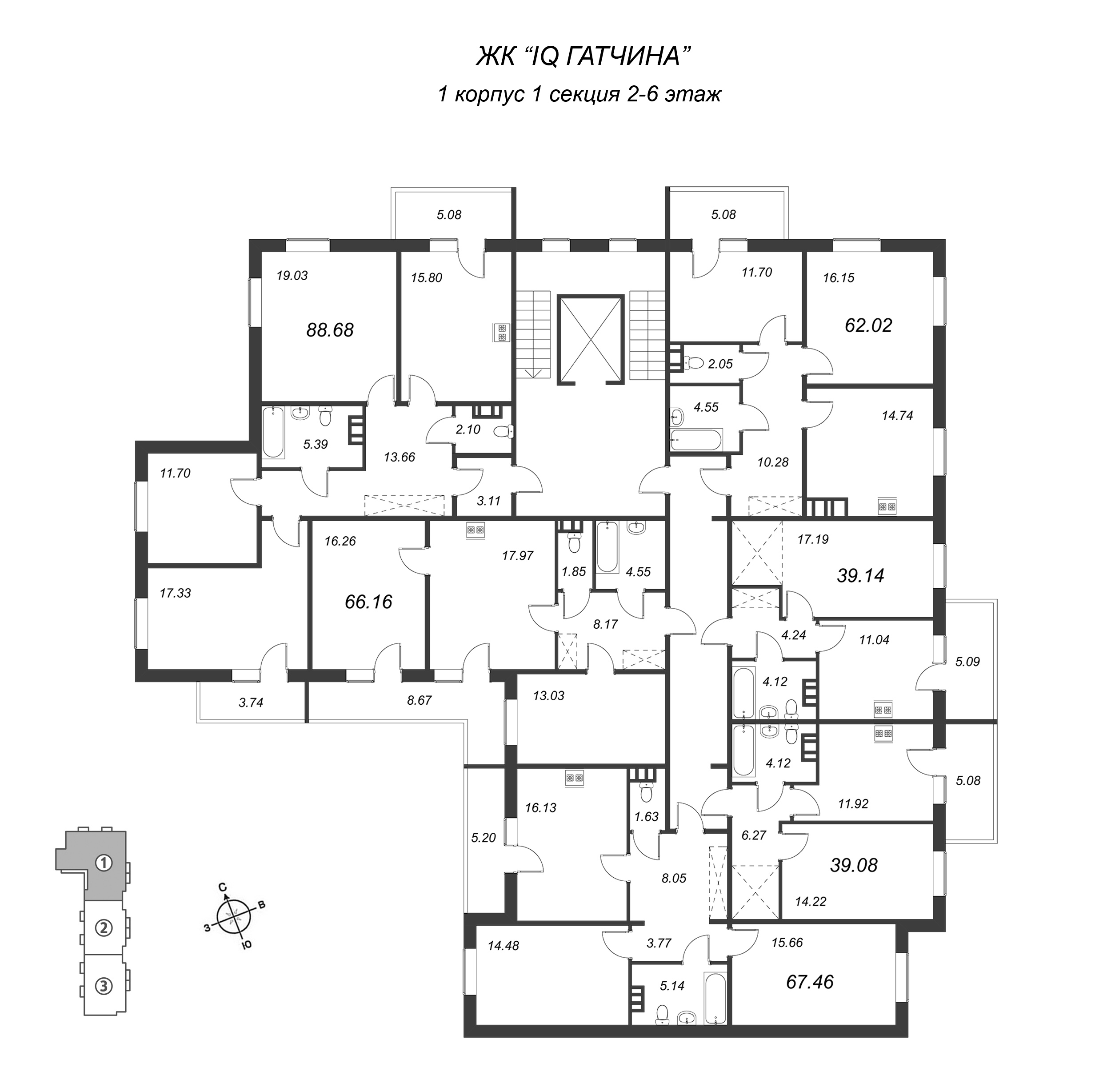 2-комнатная квартира, 61.83 м² в ЖК "IQ Гатчина" - планировка этажа