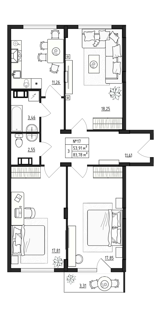 3-комнатная квартира, 83.78 м² в ЖК "Верево Сити" - планировка, фото №1