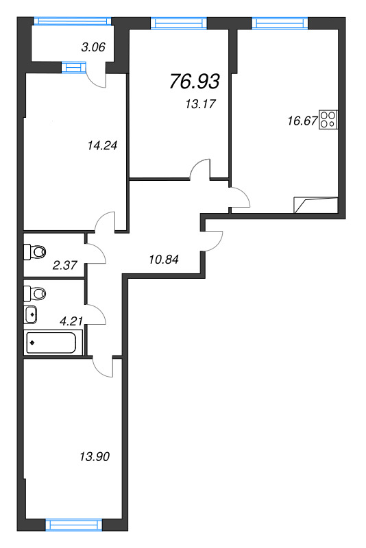 4-комнатная (Евро) квартира, 76.93 м² в ЖК "Аквилон Leaves" - планировка, фото №1