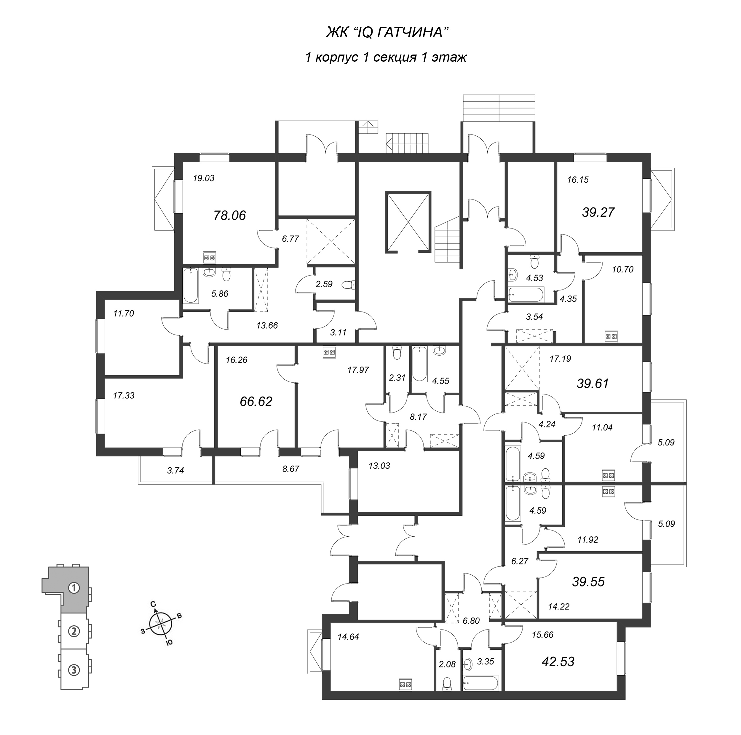 1-комнатная квартира, 37.06 м² в ЖК "IQ Гатчина" - планировка этажа
