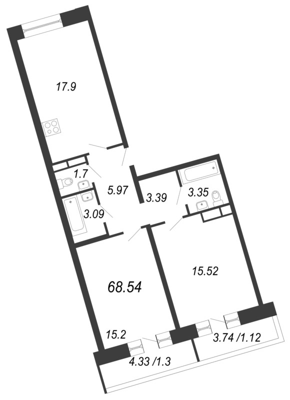 2-комнатная квартира, 68.54 м² - планировка, фото №1