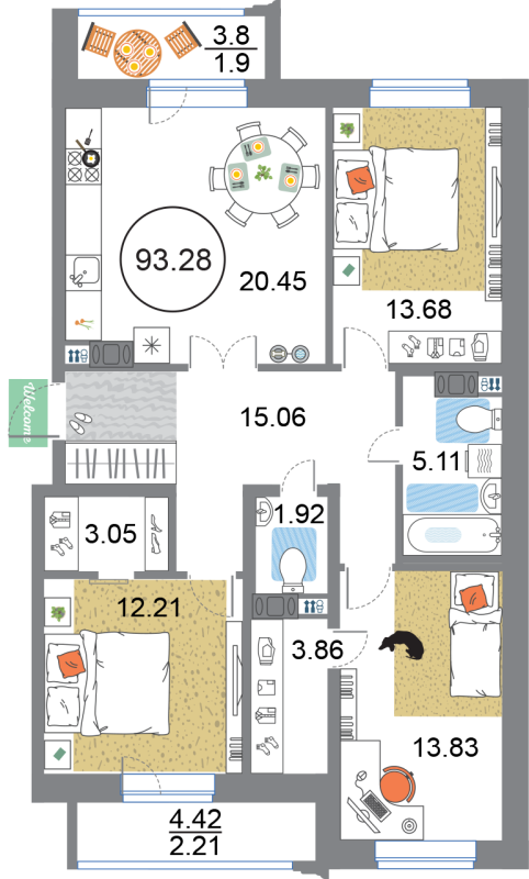 4-комнатная (Евро) квартира, 93.28 м² в ЖК "Modum" - планировка, фото №1