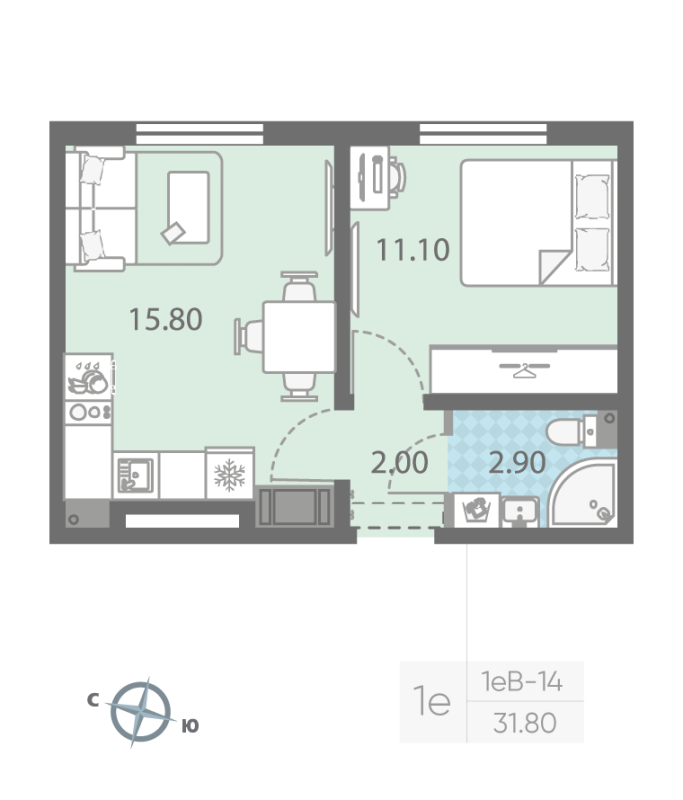 2-комнатная (Евро) квартира, 31.8 м² - планировка, фото №1