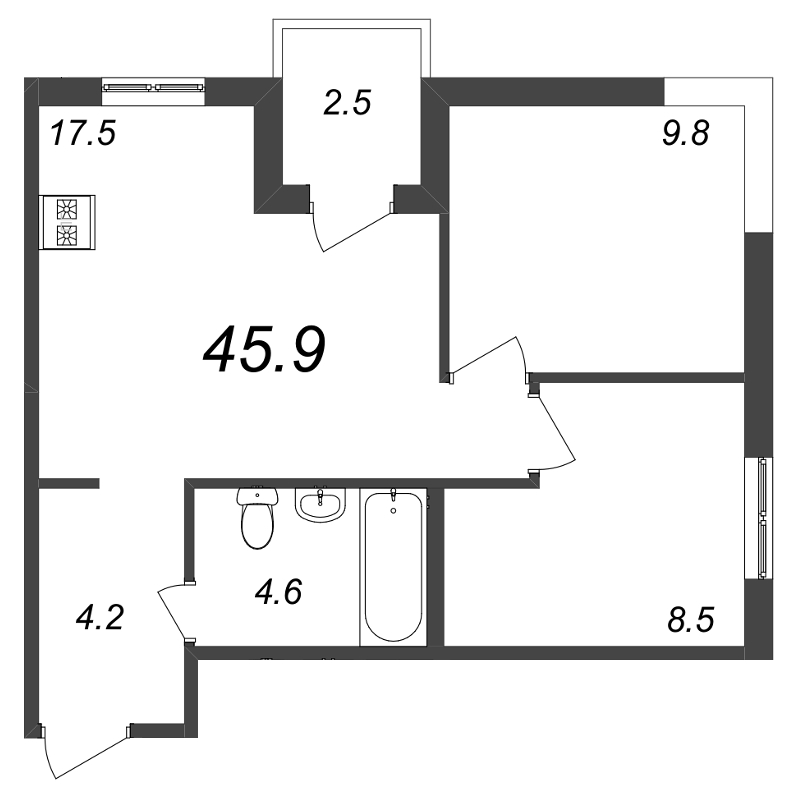 3-комнатная (Евро) квартира, 45.9 м² в ЖК "Новая Дубровка" - планировка, фото №1