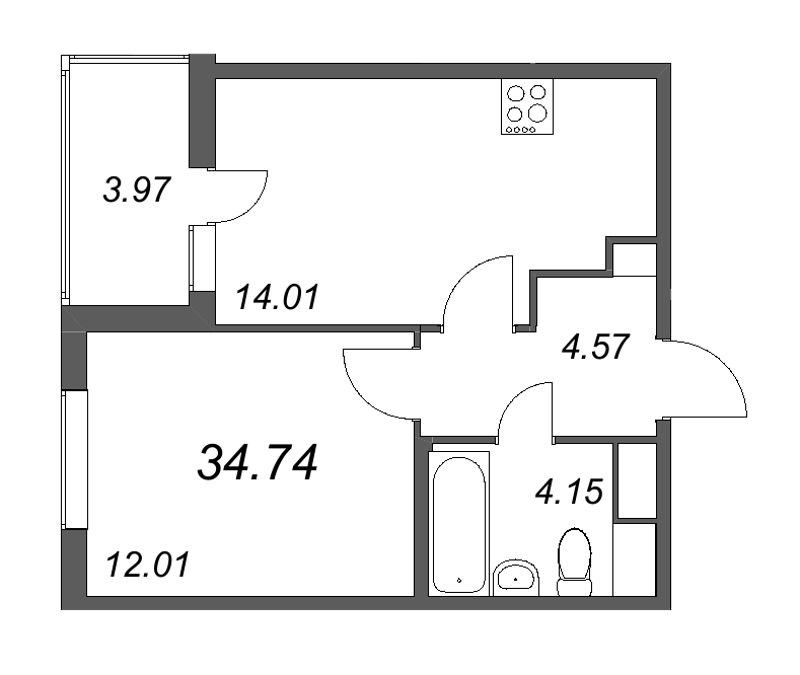 1-комнатная квартира, 34.74 м² - планировка, фото №1
