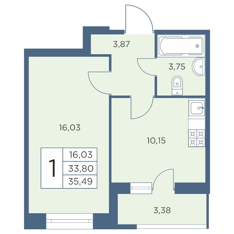 1-комнатная квартира, 35.15 м² в ЖК "Новый Лесснер" - планировка, фото №1