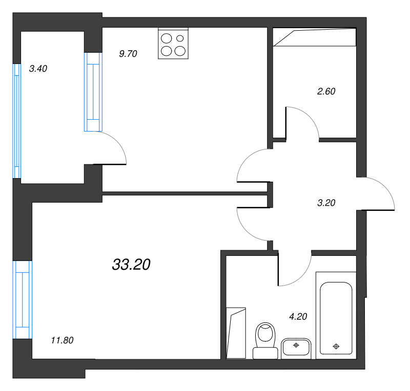 1-комнатная квартира, 33.2 м² в ЖК "Тайм Сквер" - планировка, фото №1