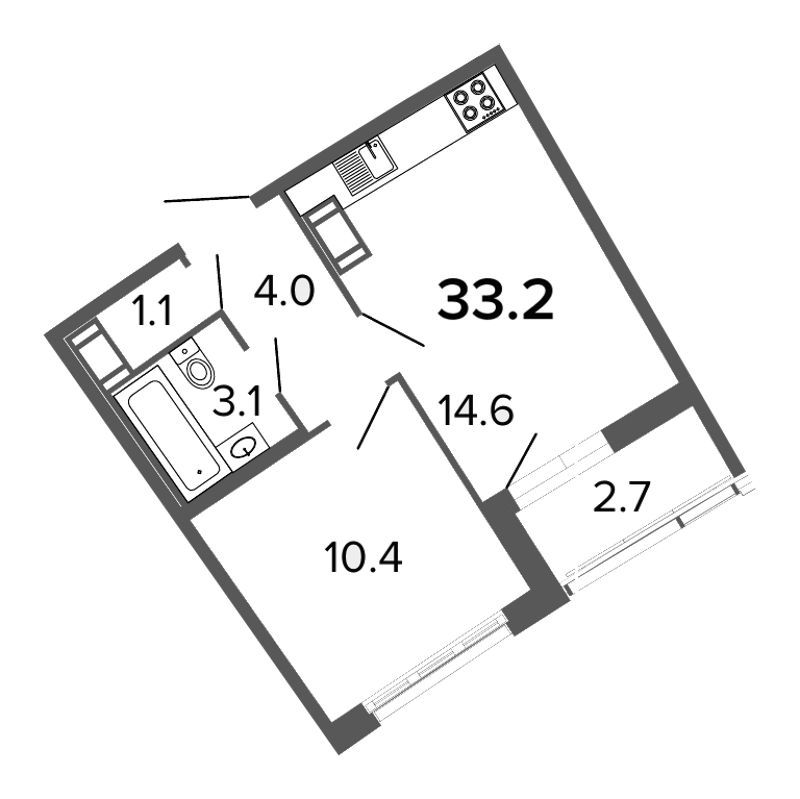 2-комнатная (Евро) квартира, 33.2 м² в ЖК "Ultra City" - планировка, фото №1