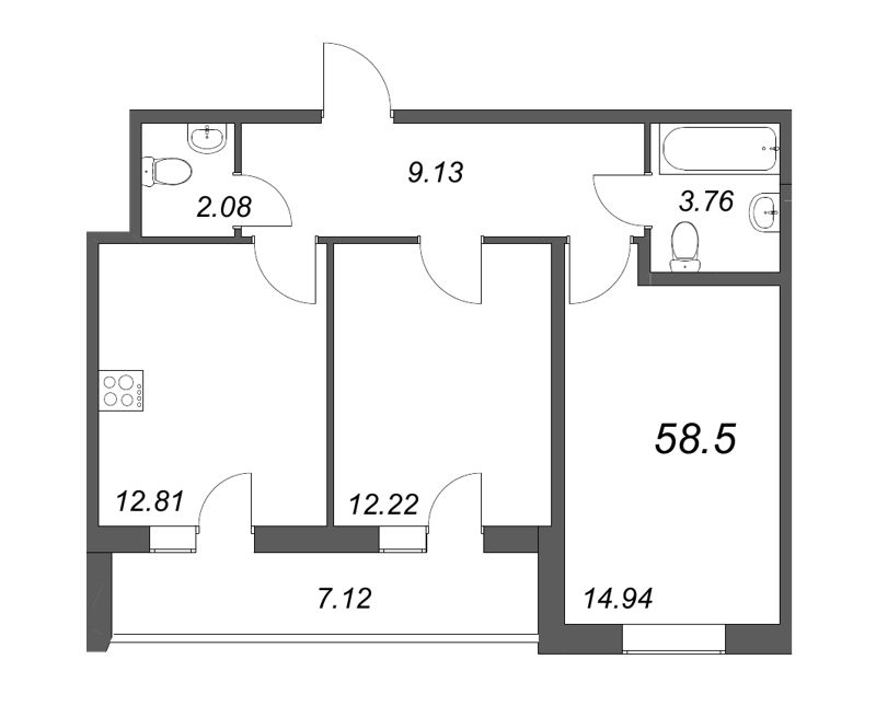 3-комнатная (Евро) квартира, 57 м² в ЖК "Аквилон Zalive" - планировка, фото №1