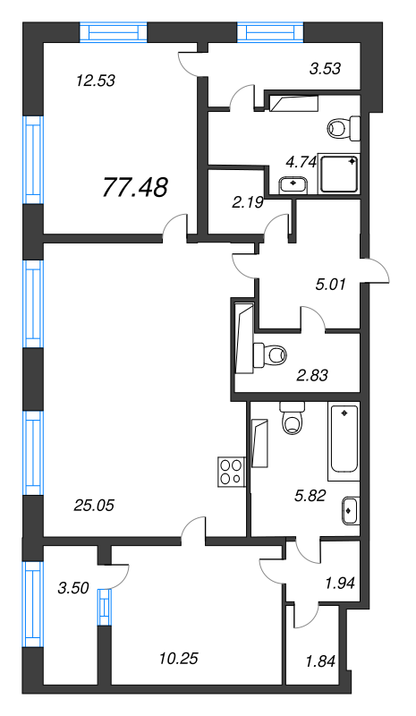 3-комнатная (Евро) квартира, 77.48 м² в ЖК "БелАрт" - планировка, фото №1