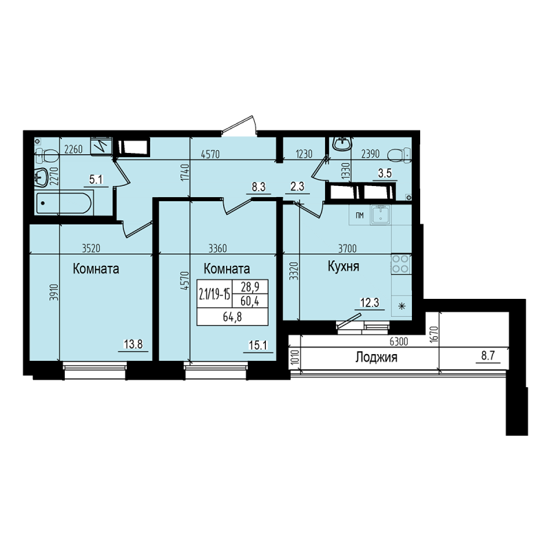 2-комнатная квартира, 64.8 м² в ЖК "ПРАГМА city" - планировка, фото №1