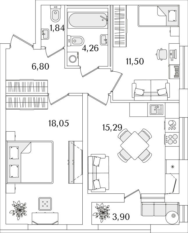 3-комнатная (Евро) квартира, 59.69 м² в ЖК "Лайнеръ" - планировка, фото №1