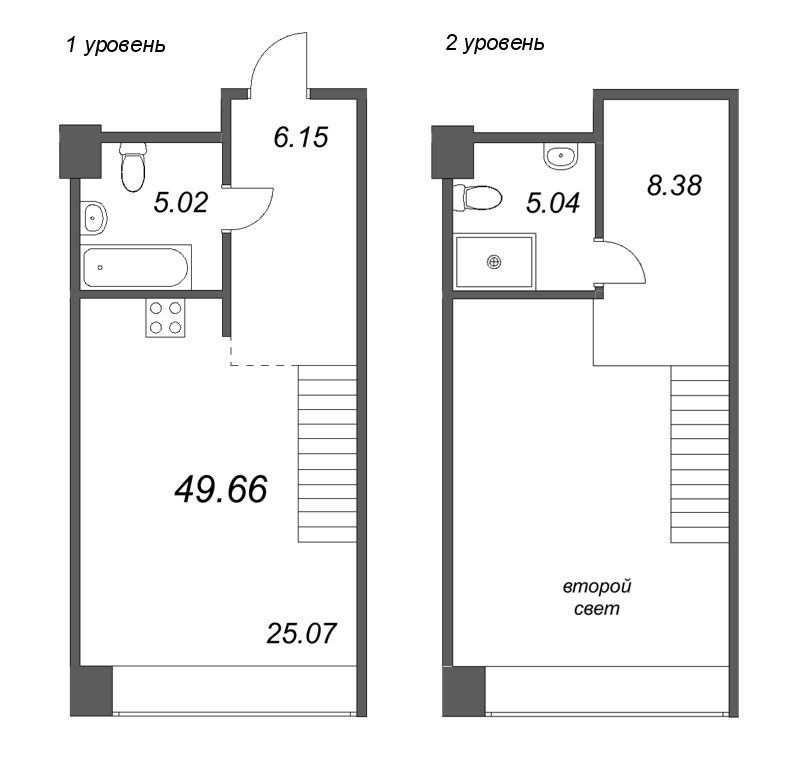 2-комнатная (Евро) квартира, 49.66 м² в ЖК "Avant" - планировка, фото №1