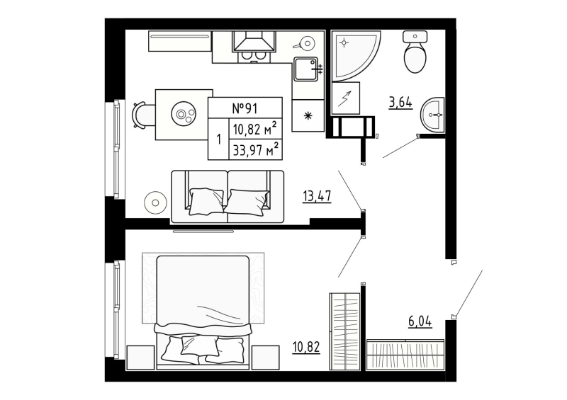 1-комнатная квартира, 33.97 м² - планировка, фото №1