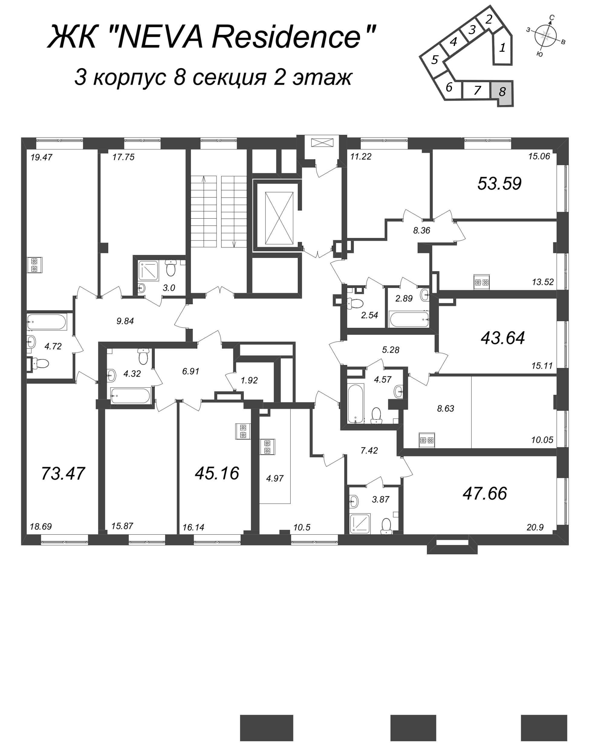 2-комнатная (Евро) квартира, 47.66 м² в ЖК "Neva Residence" - планировка этажа