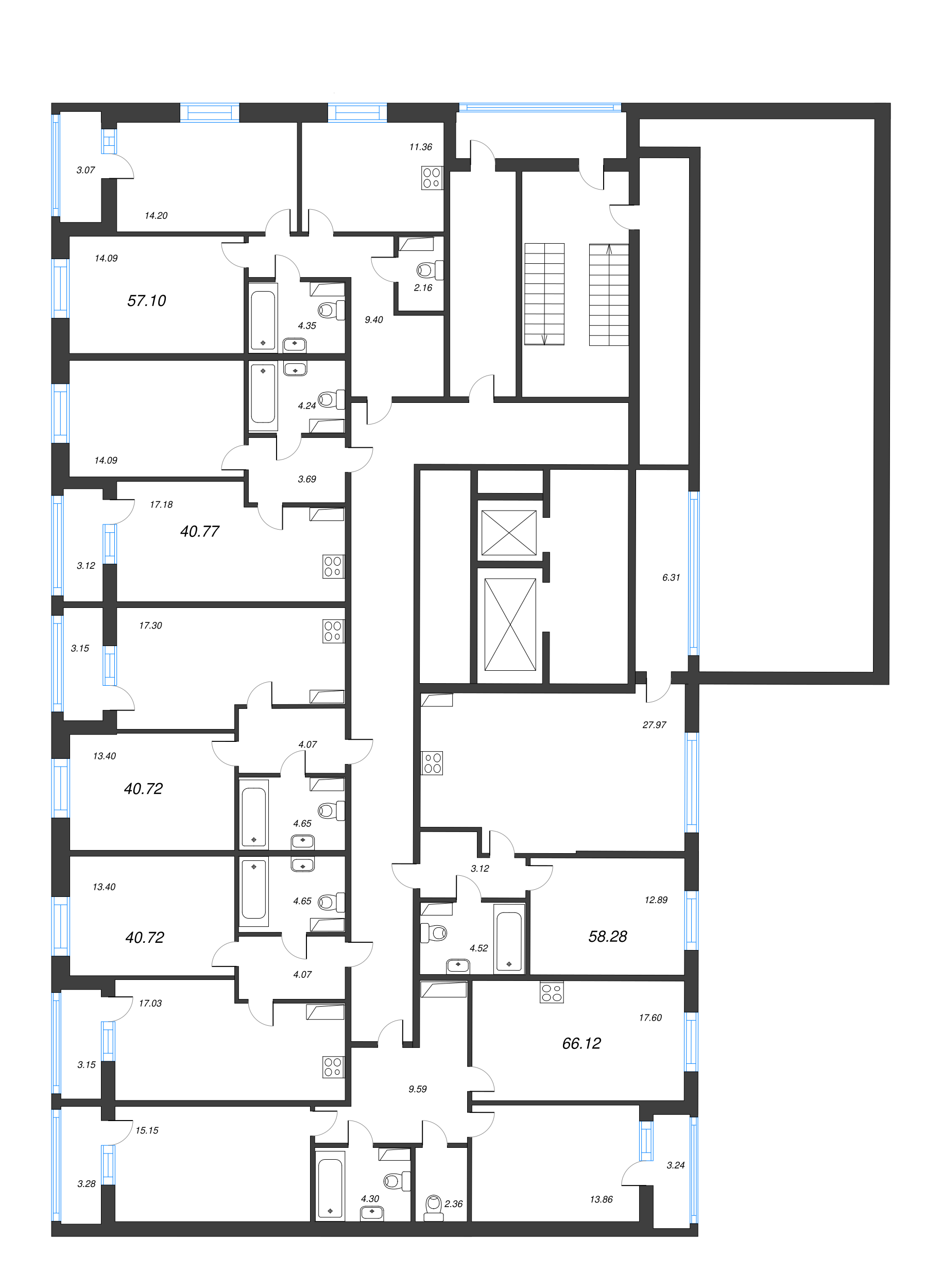 3-комнатная (Евро) квартира, 66.24 м² в ЖК "Аквилон Leaves" - планировка этажа