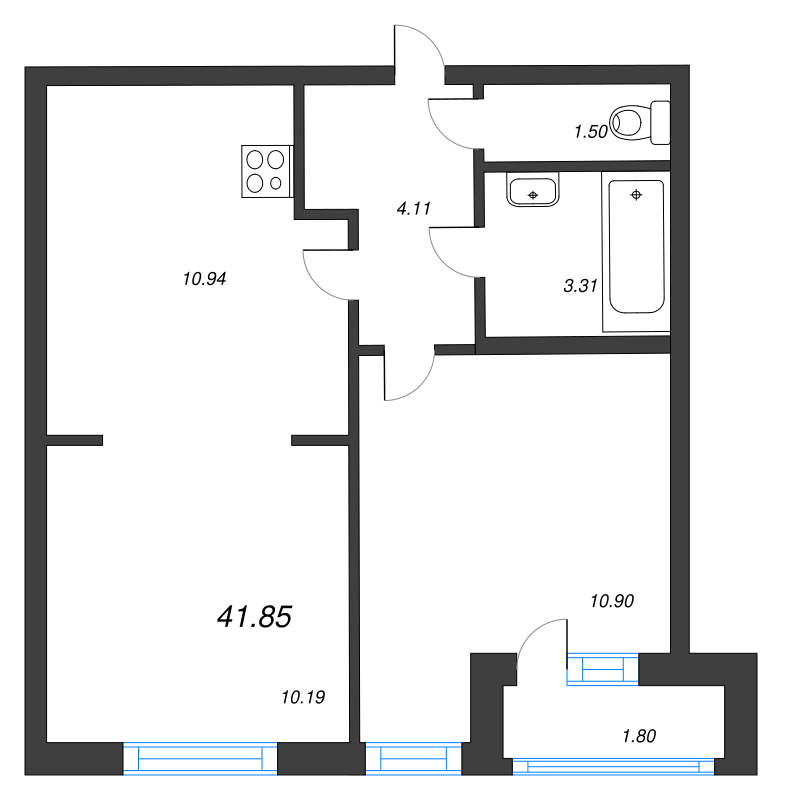 2-комнатная (Евро) квартира, 41.85 м² в ЖК "AEROCITY" - планировка, фото №1