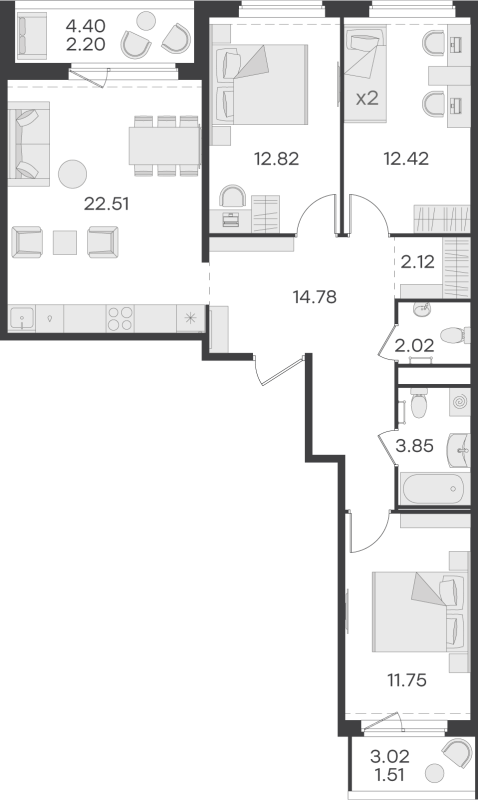 4-комнатная (Евро) квартира, 85.98 м² в ЖК "GloraX Парголово" - планировка, фото №1