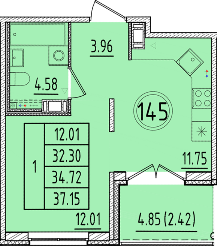 1-комнатная квартира, 32.3 м² в ЖК "Образцовый квартал 17" - планировка, фото №1