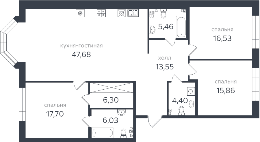 4-комнатная (Евро) квартира, 138.7 м² в ЖК "Петровская коса" - планировка, фото №1