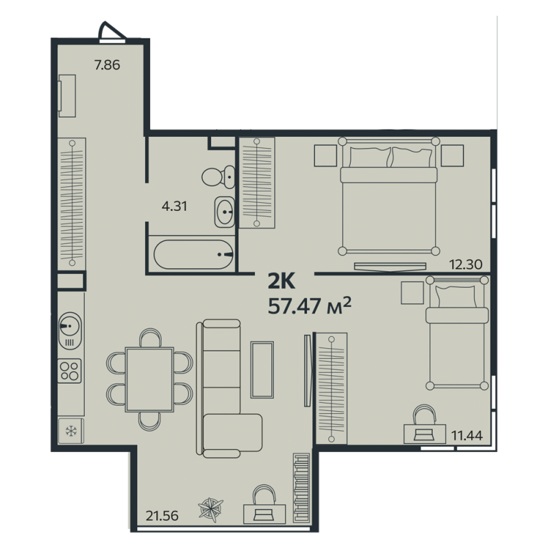3-комнатная (Евро) квартира, 57.47 м² в ЖК "Эдельвейс Выборг" - планировка, фото №1