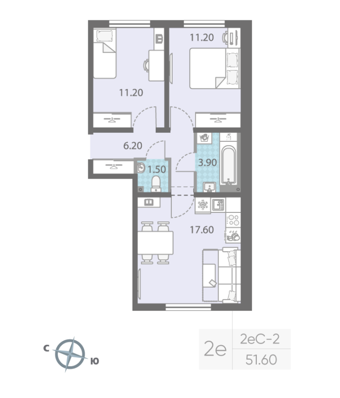 3-комнатная (Евро) квартира, 51.6 м² - планировка, фото №1