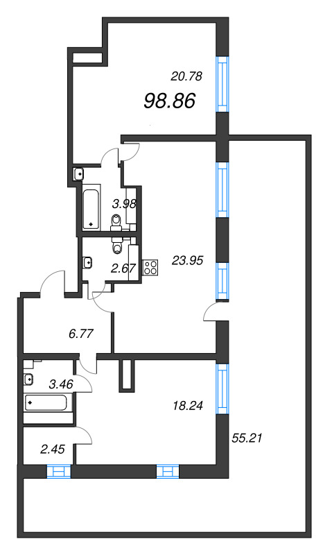 3-комнатная (Евро) квартира, 98.86 м² в ЖК "БелАрт" - планировка, фото №1
