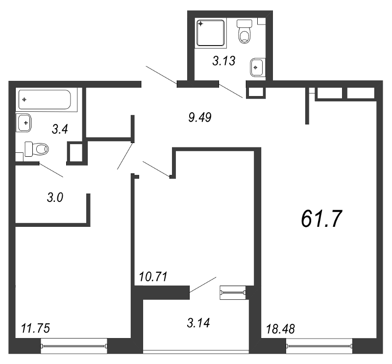 3-комнатная (Евро) квартира, 64.4 м² в ЖК "Белый остров" - планировка, фото №1
