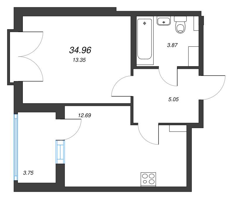 1-комнатная квартира, 34.96 м² в ЖК "Любоград" - планировка, фото №1
