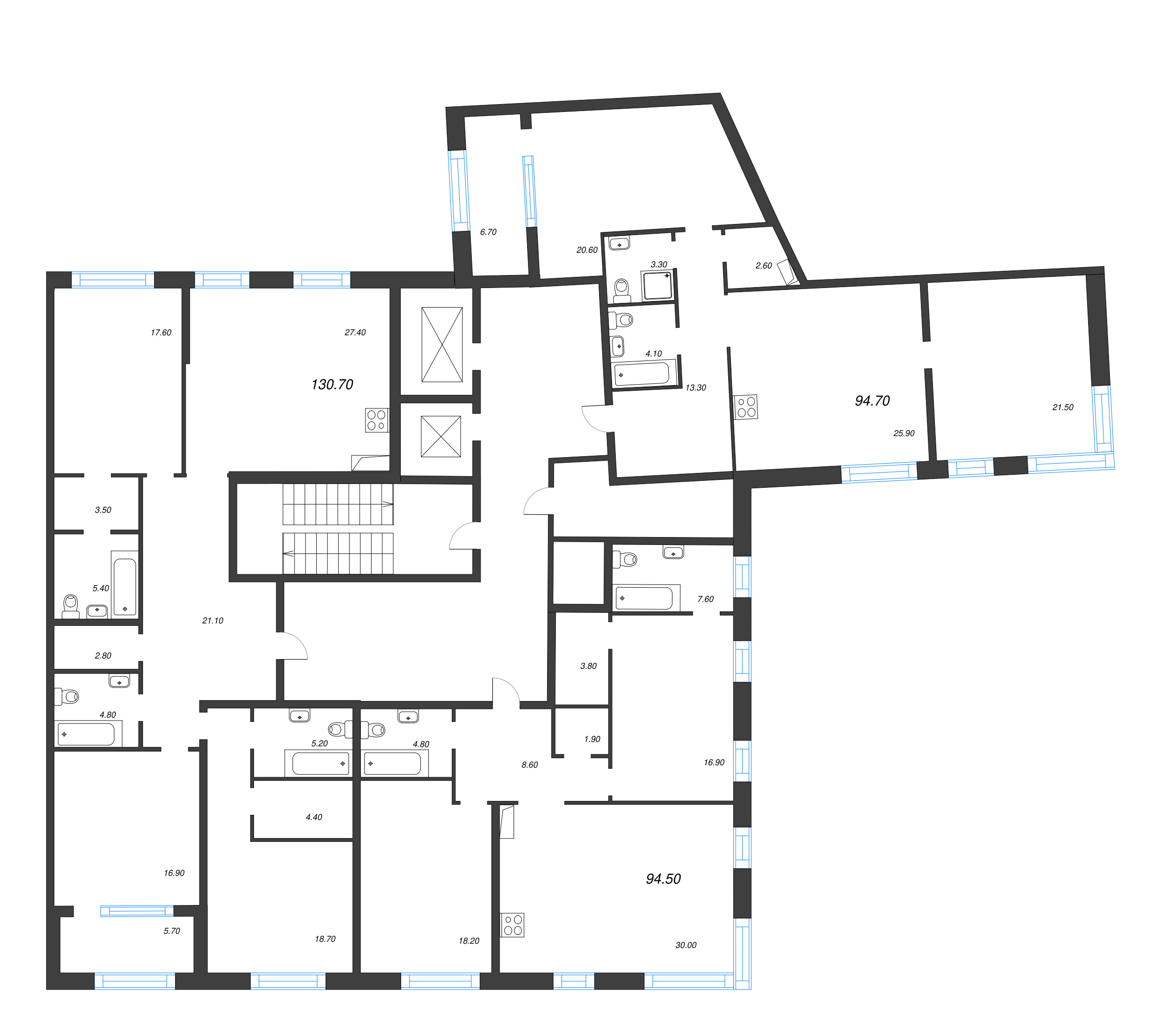 3-комнатная (Евро) квартира, 94.7 м² в ЖК "ЛДМ" - планировка этажа