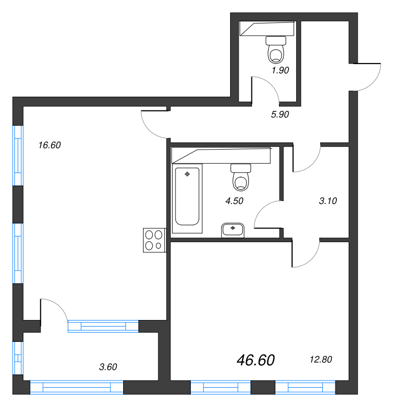 2-комнатная (Евро) квартира, 46.6 м² в ЖК "Тайм Сквер" - планировка, фото №1