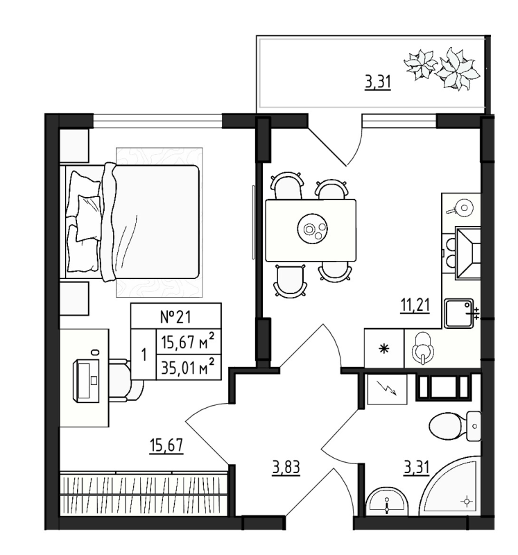 1-комнатная квартира, 35.01 м² в ЖК "Верево Сити" - планировка, фото №1