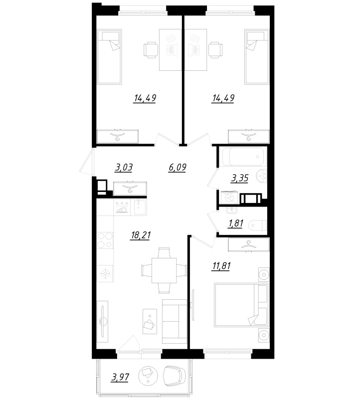 4-комнатная (Евро) квартира, 74.5 м² в ЖК "Счастье 2.0" - планировка, фото №1