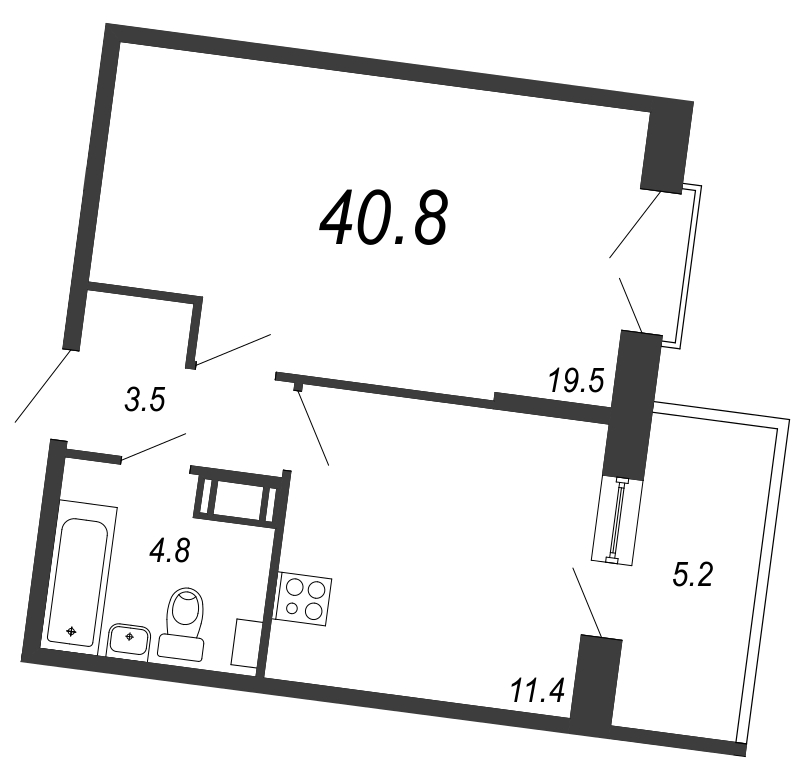 1-комнатная квартира, 41.2 м² в ЖК "Квартал Che" - планировка, фото №1