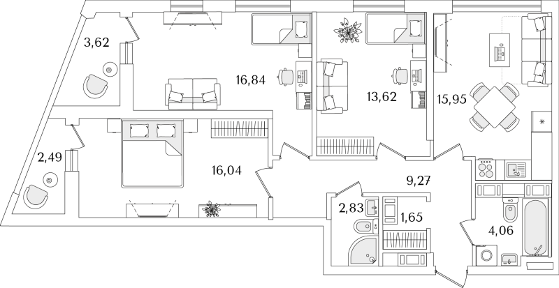 4-комнатная (Евро) квартира, 83.32 м² в ЖК "Лайнеръ" - планировка, фото №1