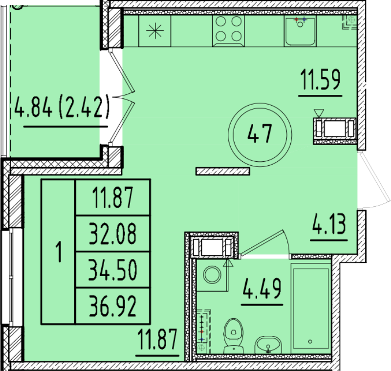 1-комнатная квартира, 32.08 м² в ЖК "Образцовый квартал 17" - планировка, фото №1