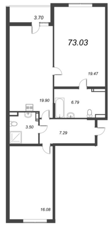 3-комнатная (Евро) квартира, 73.03 м² в ЖК "Чёрная речка" - планировка, фото №1