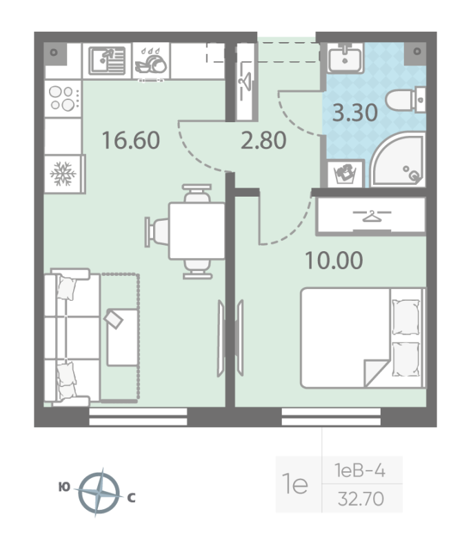2-комнатная (Евро) квартира, 32.7 м² - планировка, фото №1