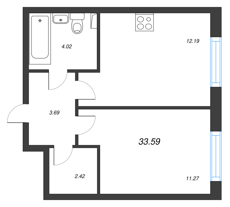 2-комнатная (Евро) квартира, 33.59 м² в ЖК "Кинопарк" - планировка, фото №1