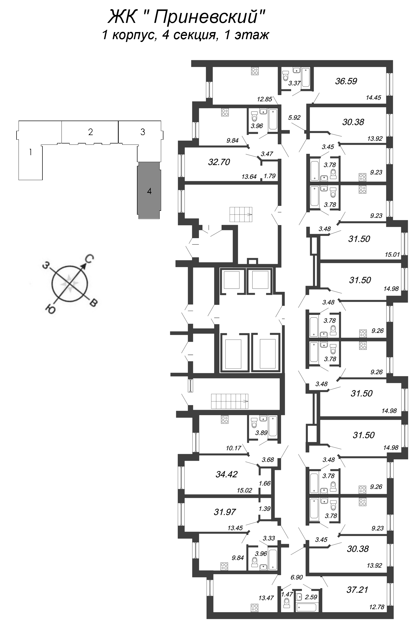 1-комнатная квартира, 31.5 м² в ЖК "Приневский" - планировка этажа