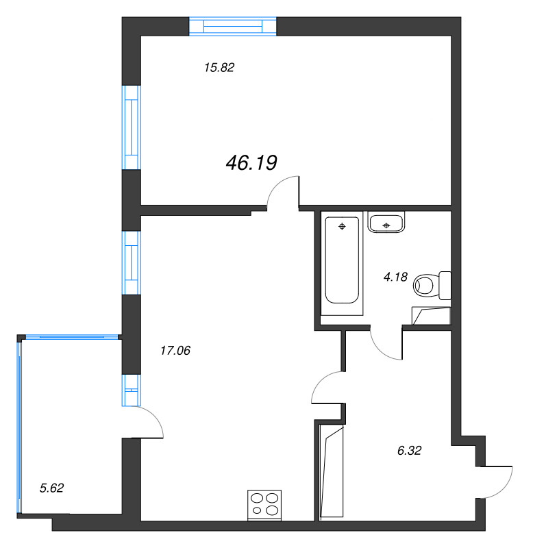 2-комнатная (Евро) квартира, 46.19 м² в ЖК "Аквилон Stories" - планировка, фото №1