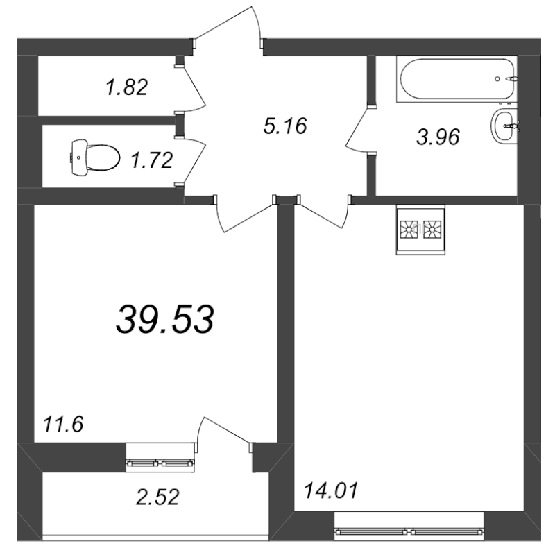 2-комнатная (Евро) квартира, 39.53 м² в ЖК "Master Place" - планировка, фото №1