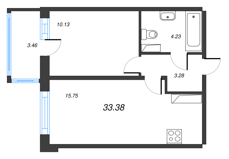 2-комнатная (Евро) квартира, 33.38 м² в ЖК "Полис ЛАВрики" - планировка, фото №1