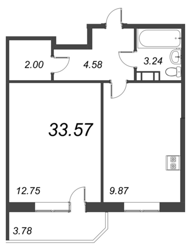 1-комнатная квартира, 33.57 м² в ЖК "Капральский" - планировка, фото №1