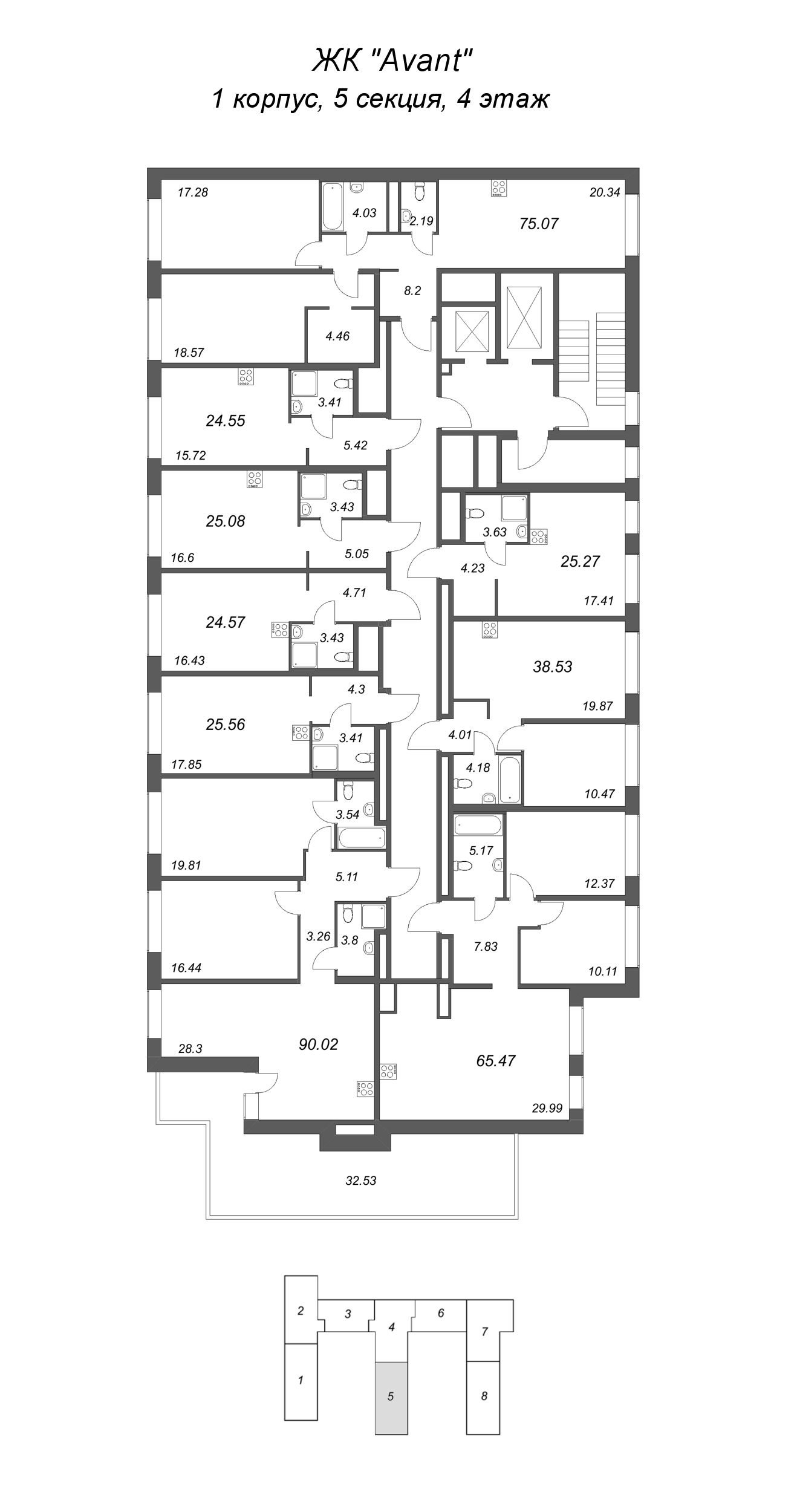 Квартира-студия, 24.55 м² в ЖК "Avant" - планировка этажа