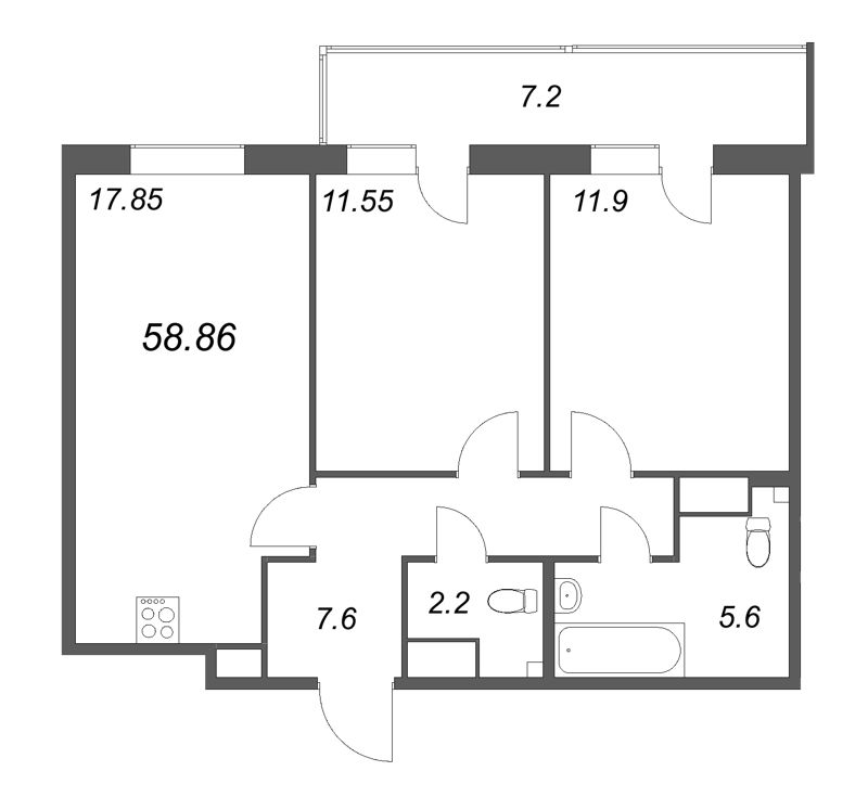 3-комнатная (Евро) квартира, 58.86 м² в ЖК "Аквилон Янино" - планировка, фото №1