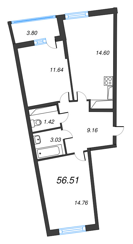 3-комнатная (Евро) квартира, 56.51 м² в ЖК "Дом Левитан" - планировка, фото №1